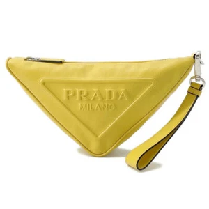 PRADA Triangle Clutch Bag Leather Yellow 2NE054 - Picture 1 of 13
