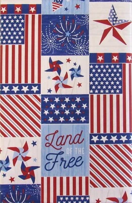 Land of The Free Patriotic Patchwork Vinyl Flannel Back Tablecloth 60" Round - Image 1 of 4