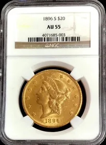 1896 S GOLD USA $20 DOLLAR LIBERTY HEAD DOUBLE EAGLE NGC AU 55 - Picture 1 of 2