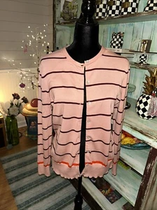 LANDS’ END Women’s Cardigan Sweater Medium Peach Stripe Classic Button Up - Picture 1 of 4