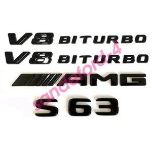 NEW For Mercedes Benz S63+V8 BITURBO+AMG Badge Glossy Black Trunk Fender Emblem - Picture 1 of 7
