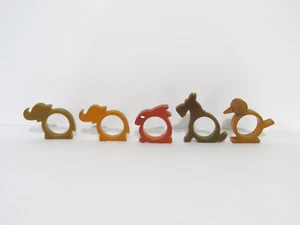 5 Bakelite Napkin Rings - 2 Elephants Rabbit Scottie Dog & Chick - Picture 1 of 7