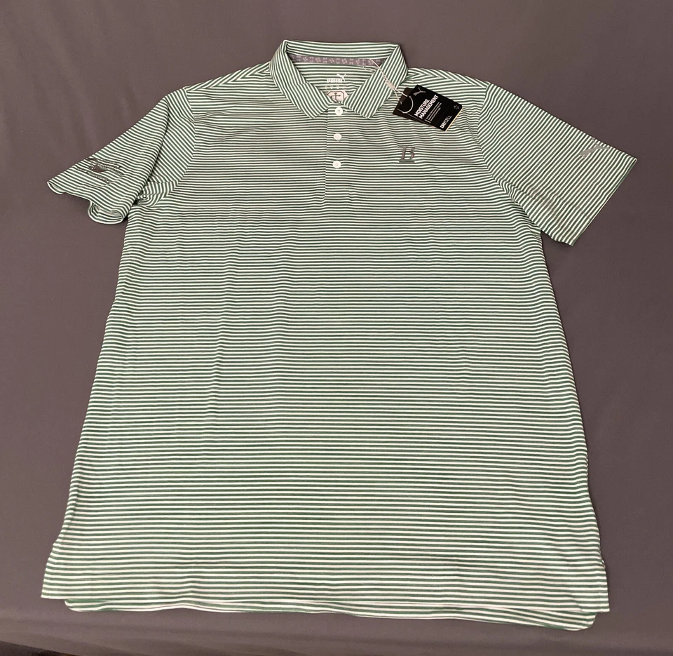 Camisa de Golf Puma Polo Caddie Rayas Grande Verde Amazon LOGO DE SALIDA NUEVA CON ETIQUETAS PRECIO DE VENTA SUGERIDO POR EL FABRICANTE $65 Foto 1 de 4