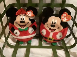TY Disney Mickey Mouse & Minnie Mouse Beanie Ballz Plush Christmas with Tags - Picture 1 of 9