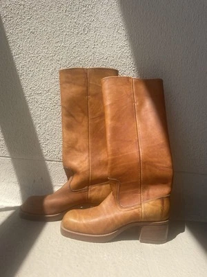 Botas de tacón bloque de cuero estilo campus vintage para mujer 6/6,5 hechas en EE. UU. Foto 1 de 4