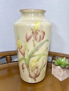 Vintage MCM CAMBRIDGE GLAS mundgeblasene bemalte Iris beige Blumenvase 9 Zoll - Bild 1 von 11