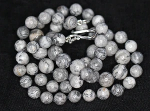 Zebra Jasper Gray Natural Ball Gemstone Silk Knotted Hand Tied Necklace 26" - Picture 1 of 7