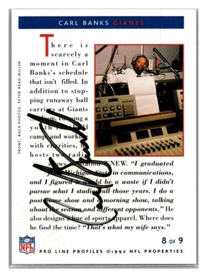 1992 Pro Line Profiles Auto Carl Banks (8 of 9) Auto TD0921 - Image 1 of 2