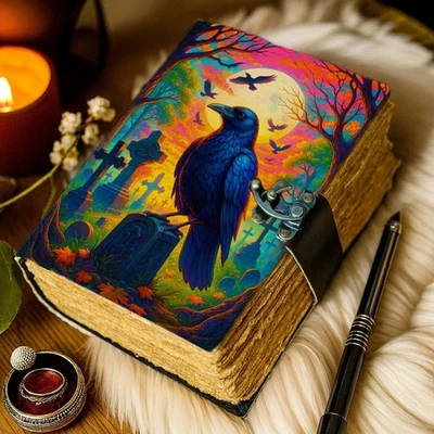 Handmade Leather Journal with Raven Graveyard Gothic Grimoire Book of Shadows - Image 1 of 4