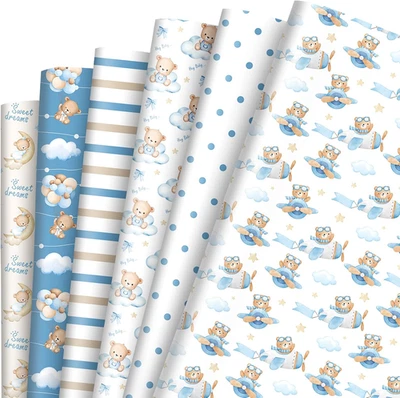 Papel de envolver para baby shower de 12 hojas - no rollo - envoltura de regalo de oso azul acuarela Pa Foto 1 de 4