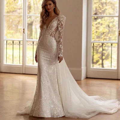 Luxury Beading Mermaid Wedding Dresses V-neck Sequin Gowns With Detachable Train - Image 1 of 4