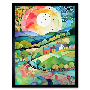 Rural Landscape Countryside Sunrise Folk Art Framed Wall Art Picture Print 12x16 - Picture 1 of 30