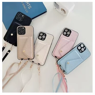 Bandolier-Style Crossbody Leather Phone Case Wallet with Card Holder for iPhone