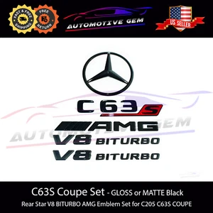C63S COUPE AMG V8 BITURBO Rear Star Emblem Black Badge Combo Set Mercedes C205 - Picture 1 of 12