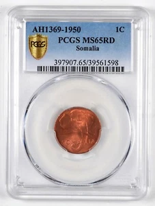   SOMALIA AFIS 1 Centesimo AH1369 1950 PCGS MS65 RD - Picture 1 of 3