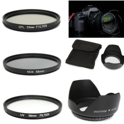58mm UV CPL ND4 Circular Polarizing Filter Kit + Lens Hood For Canon Camera DSLR - Image 1 of 4