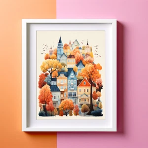 A Little Town in Autumn Print, Cute Little Houses, Autumnal Trees, Fall Abstract - Picture 1 of 5