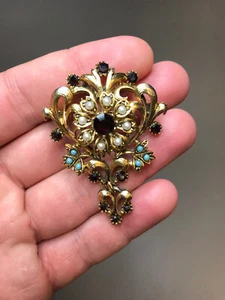 Vintage Garnet Pearl Stones TURQUOISE Florenza Gold Tone Brooch - Picture 1 of 7