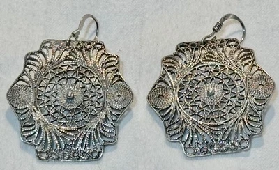 Vintage 925 Sterling Silver Filigree Earrings Handmade Lace Dangle 8g Tested - Image 1 of 4