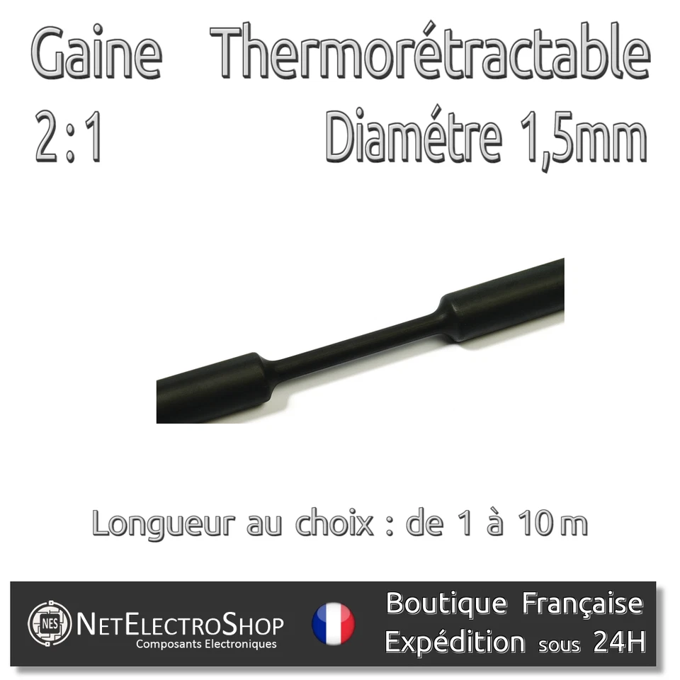 WOER Gaine Thermorétractable 2:1 - Diam. 1,5 mm - Noir - 1 à 10m #016