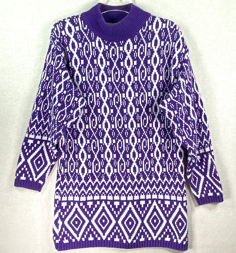 Antigo Vestido Suéter Feminino Delia McKain Anos 80 M Roxo Geométrico Mini Boho Fabricado nos EUA - Imagem 1 de 4