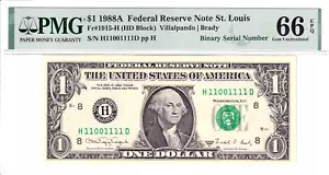 1988-A $1 FRN PMG 66EPQ Fancy NEAR SOLID 6 DIGIT 0/1 BINARY Serial #H11001111D - Picture 1 of 2