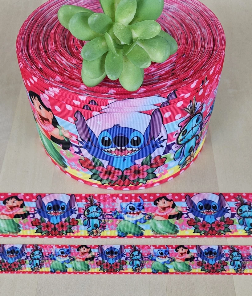 7/8, 1.5 & 3" (1 YD) Lilo and Stitch Grosgrain Ribbon Scrump Hair Bow Lanyard - Image 1 of 1