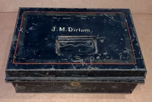 Antique Tin Toll Cash Box (J.M. Dirlam) 9-1/2 x 6-1/2 x 3-1/2 Inches - Picture 1 of 6