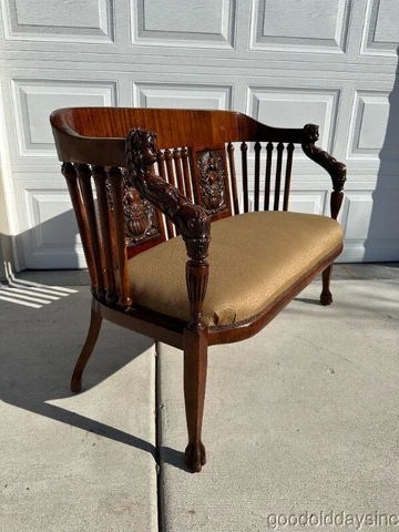 Antique Carved Angel Cherub Mahogany Sette Loveseat Sofa Cover