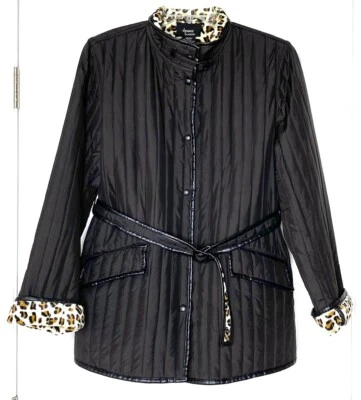 Jaqueta casaco DENNIS BASSO preta acolchoada de seda leopardo forrada com cinto M = 8/10 - Imagem 1 de 4