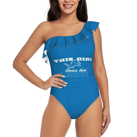 This Girl Loves Her Detroit Lions Women's One Shoulder Ruffle Swimsuits Cover