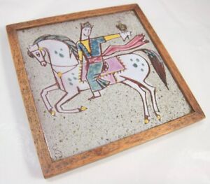 Framed Vintage Ceramic tile King on Horseback by Christina Sheppard Sgraffito