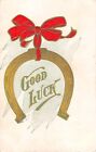 1907 carte postale bonne chance d'un fer à cheval accrochée à un arc rouge