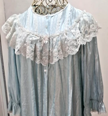 Gilead Long Blue Nightgown Pocket Full Button Front Prairie Lace Size L Vintage - Image 1 of 4