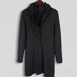 Elie Tahari Sweater Jacket Womens Medium Gray Merino Wool Ruffle Snap Cardigan - Picture 1 of 8