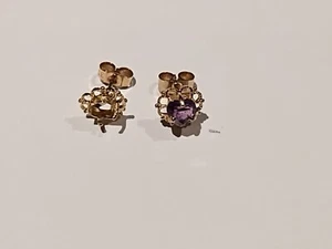9K Solid Gold Earrings With Purple Stone, Missing One stone. - Picture 1 of 10