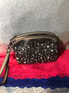 MMS PVC Gunmetal Metallic  Rivets & Crystal Purse Clutch Zip Wristlet - Picture 1 of 11