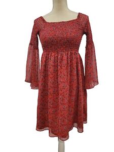 Sam Edelman Weddings Fit Flare Mini Dress Womens Size 4 Red Floral Bell Sleeves