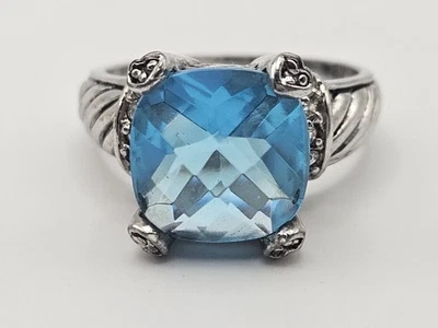 Anillo de plata de ley 925 de vidrio azul y circonita cúbica talla 10 Foto 1 de 4
