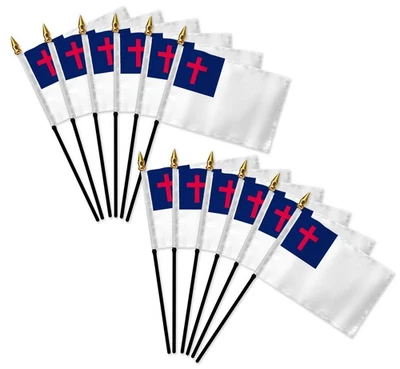 1 Dozen Christian 4x6in Mini Handheld Christianity Religious Stick Flags - Image 1 of 2