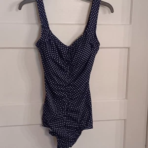 Tropical Escape Navy And White Polka Dot 1 Piece Swimsuit 10 Ruching Retro Slim - Picture 1 of 10