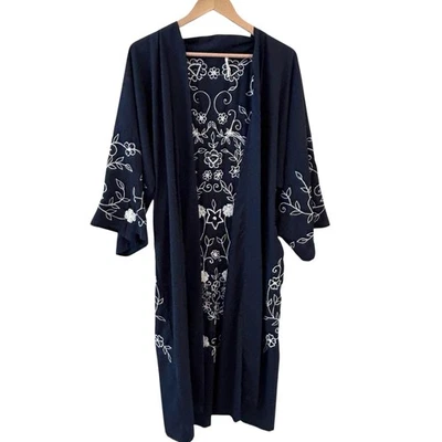Anthropologie Floreat Navy Boho Embroidered Beaded Kimono Duster OS Floral - Image 1 of 4