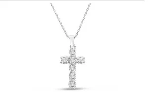 1/10 Carat White Diamond Cross Pendant with 18" Chain Fine Sterling Silver NEW - Picture 1 of 7