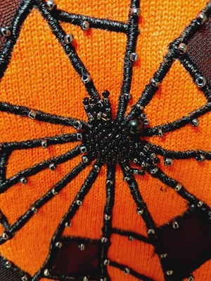 QUACKER FACTORY 3D  Spider Web Beaded Orange   HALLOWEEN CARDIGAN SWEATER  1X  - Image 1 of 4