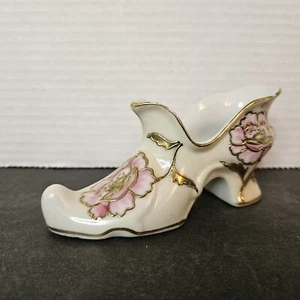 White Porcelain Slipper with Hand Painted Flowers Gold Accent 							 - Picture 1 of 6