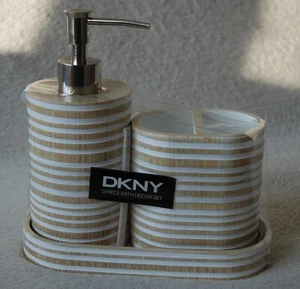 DKNY Stripe Natural 3 PCS Bathroom Accessories SET Soap Dispenser Tumbler Tray - Picture 1 of 7