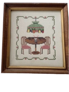 Vintage Framed Needlepoint TABLE AND LAMP  8 3/4" X 9 1/2"  CAFE Wall Hanging - Picture 1 of 5