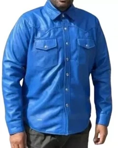 Genuine Lambskin Stylish Leather Blue Men Casual Handmade Classic Shirt Formal - Picture 1 of 8