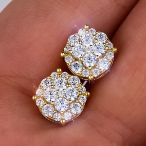 Men’s Real Solid 925 Sterling Silver Round 14K Gold Plated CZ Hip Hop Earring - Picture 1 of 10
