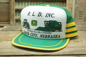 Vintage JOHN DEERE David City Nebraska 3 Three Stripes Mesh Snapback Trucker Hat - Picture 1 of 10